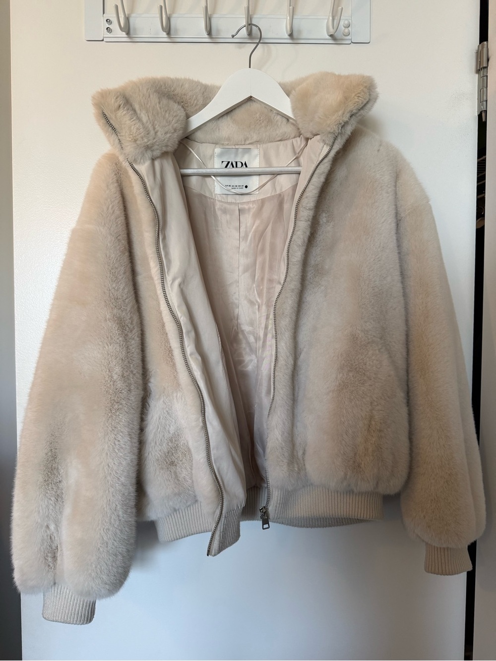 Zara Beige Faux Fur Hooded Bomber Jacket